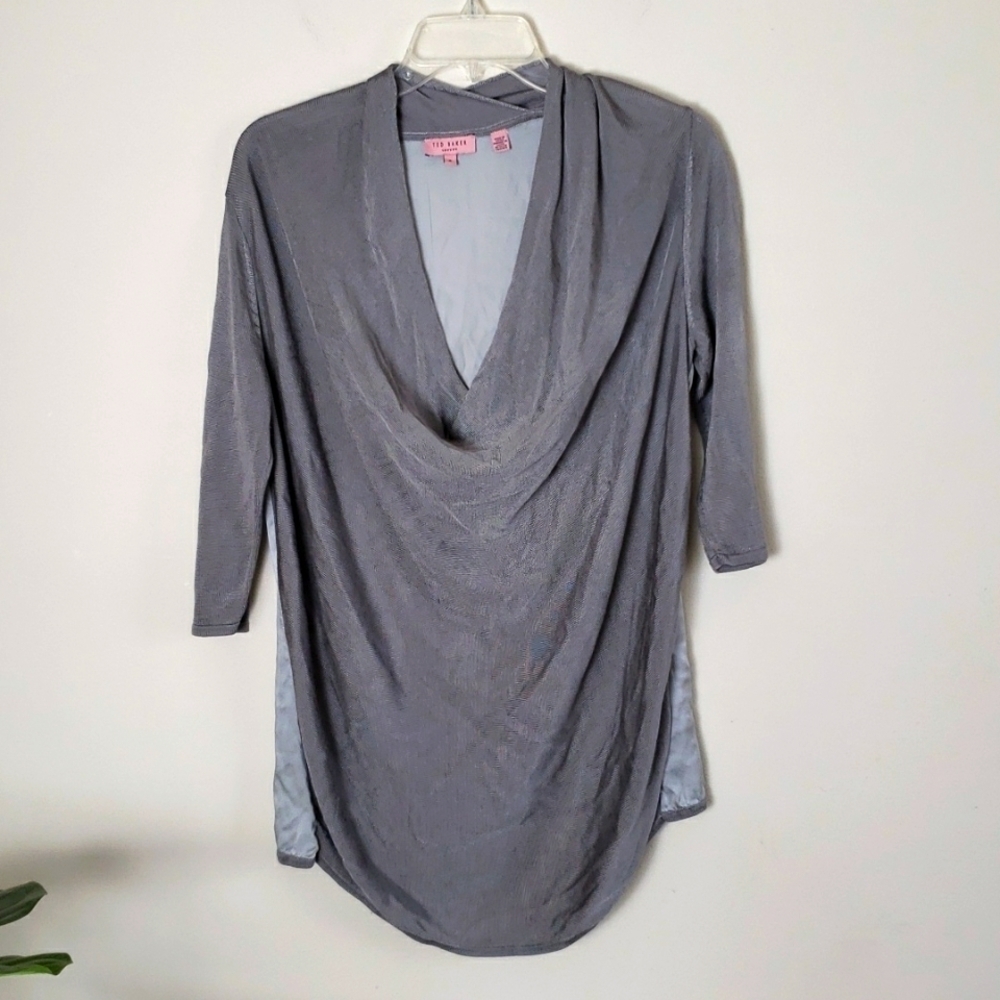 Ted Baker London silk blend gray cowl neck 3/4 sleeve shirt, women's size 2
